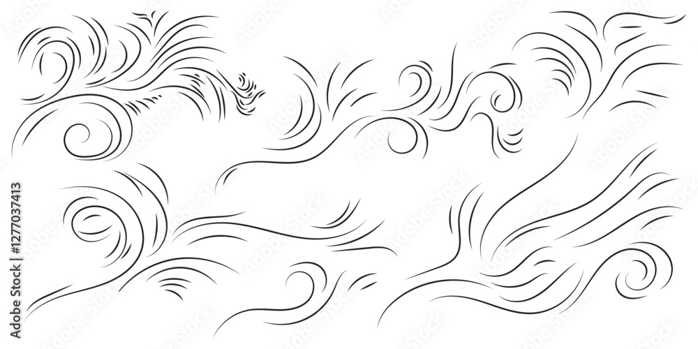 Doodle blowing wind. Hand drawn air wave icon. Outline wind movement symbol isolated on white background. Climate sketch element. Vector decorative dash lines in the shape of a curve.
Doodle blowing wind. Hand drawn air wave icon. Outline wind movement symbol isolated on white background. Climate sketch element. Vector decorative dash lines in the shape of a curve.