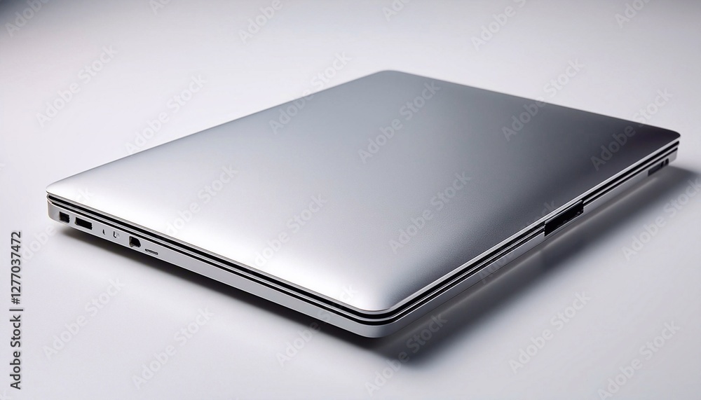 A modern silver laptop slightly opened on a glossy white surface A modern silver laptop slightly opened on a glossy white surface