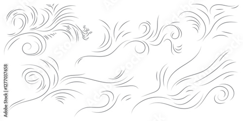 Doodle line wind moving set. Breath of the typhoon. Flat wind moves Vector isolated illustration

