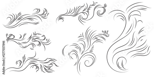 Doodle line wind moving set. Breath of the typhoon. Flat wind moves Vector isolated illustration

