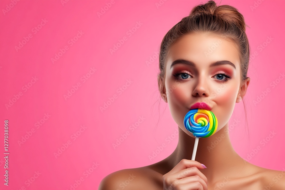 pop art girl licking rainbow lollipop playful expression pop art girl licking rainbow lollipop playful expression