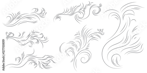 Doodle line wind moving set. Breath of the typhoon. Flat wind moves Vector isolated illustration

