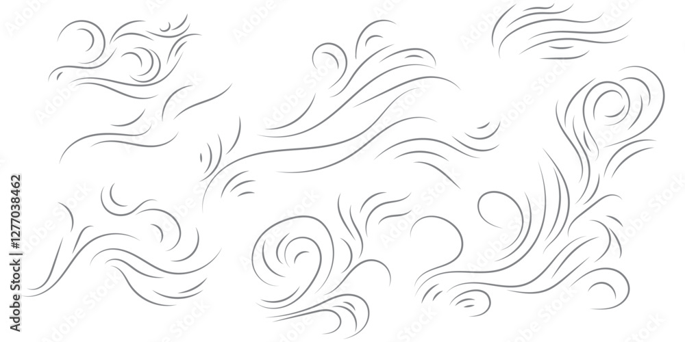 Wind air flow, flowing row elements, doodle wind line set, hand drawn doodle wind motion vector illustration Wind air flow, flowing row elements, doodle wind line set, hand drawn doodle wind motion vector illustration