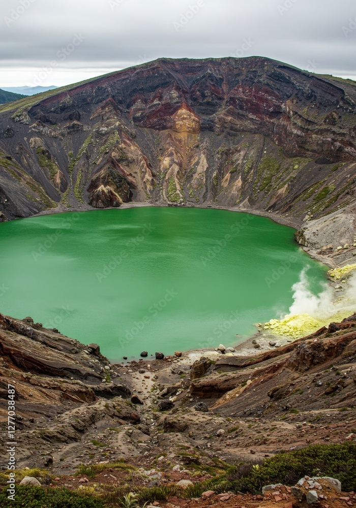 Fototapeta premium Breathtaking Aerial View of a Vibrant Green Crater Lake Nestled within a Volcanic Crater in Iceland