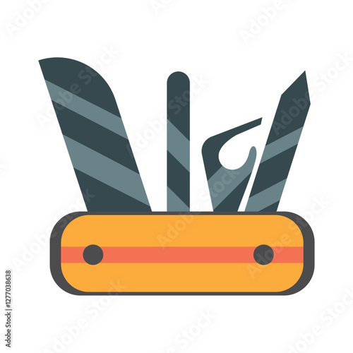 Flat Vector Illustration of a Multi-Tool Pocket Knife with Various Blades for Outdoor and Survival Use