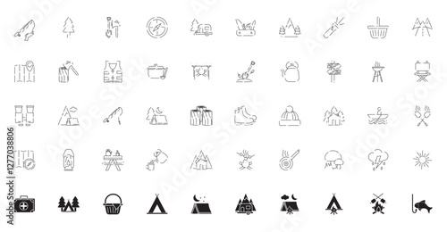 Set of camping vector icons in black lines on a white background