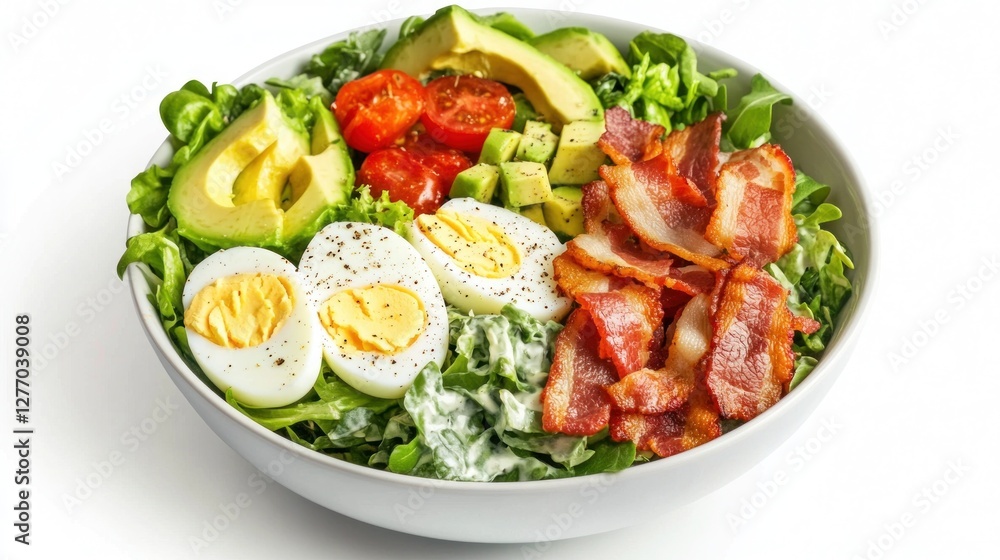 Healthy breakfast salad bowl with avocado, bacon, eggs Healthy breakfast salad bowl with avocado, bacon, eggs