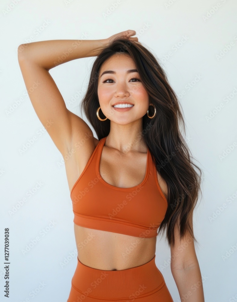 Obraz premium Asian woman wearing yoga pants and smiling earrings fitness orange.