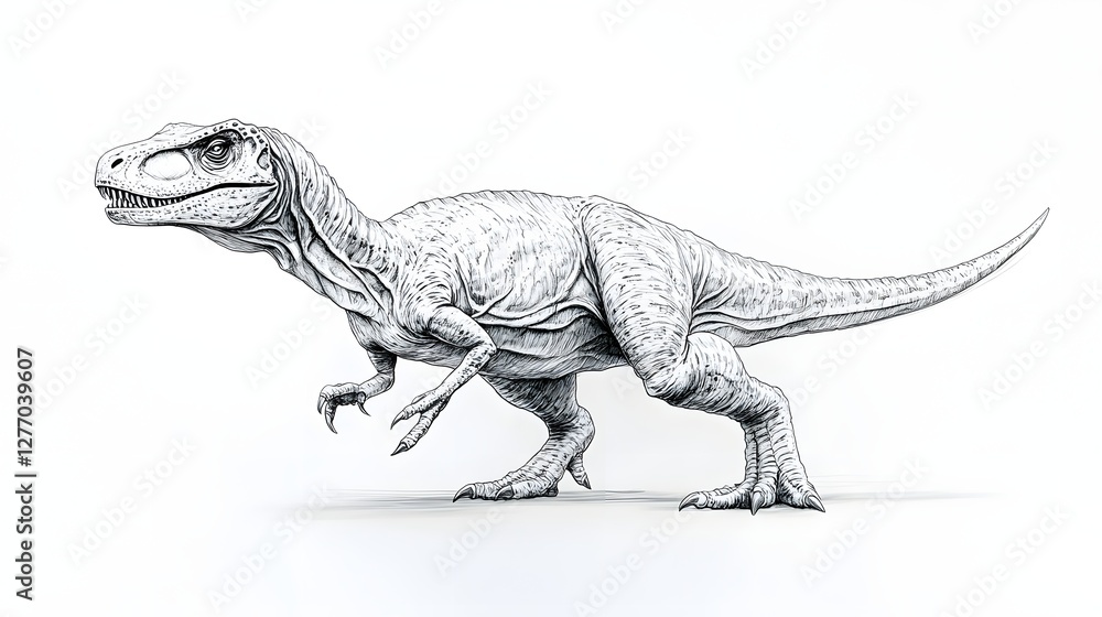 Obraz premium Detailed sketch of a dinosaur, showcasing its scaly skin and powerful stance against a white backdrop.