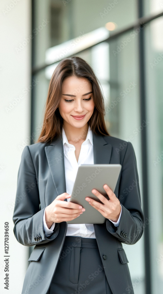 smiling businesswoman in gray suit using a tablet. smiling businesswoman in gray suit using a tablet.