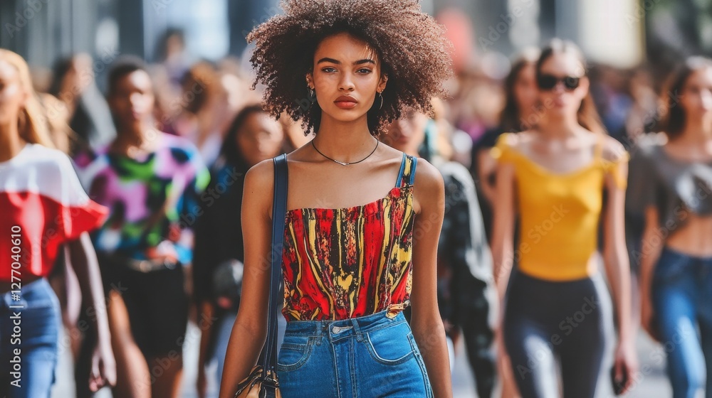 Fototapeta premium A stylish young woman walks confidently among a diverse crowd, showcasing vibrant fashion and urban aesthetic.