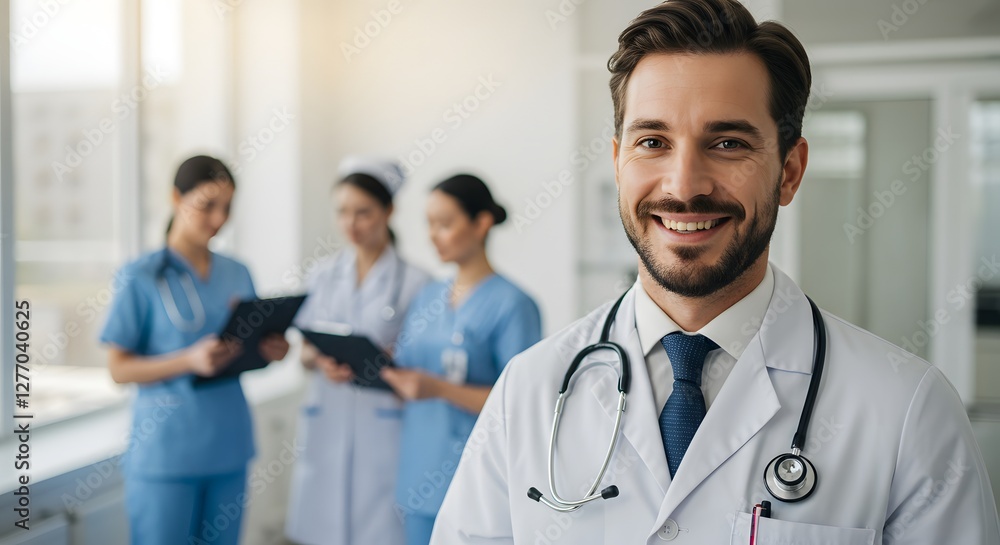 A happy doctor in medical uniform, in a hospital with other nurses, with a little bit of blurred background with side copy space, with background sunshine A happy doctor in medical uniform, in a hospital with other nurses, with a little bit of blurred background with side copy space, with background sunshine