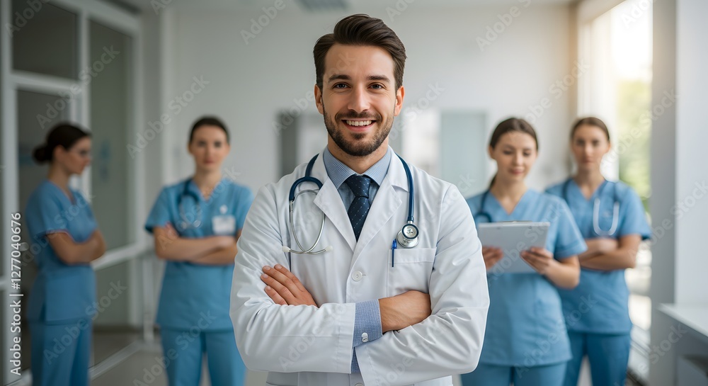 A happy doctor in medical uniform, in a hospital with other nurses, with a little bit of blurred background with side copy space, with background sunshine A happy doctor in medical uniform, in a hospital with other nurses, with a little bit of blurred background with side copy space, with background sunshine