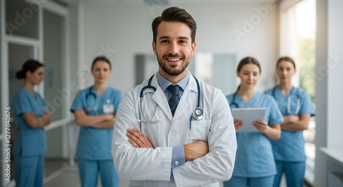 A happy doctor in medical uniform, in a hospital with other nurses, with a little bit of blurred background with side copy space, with background sunshine