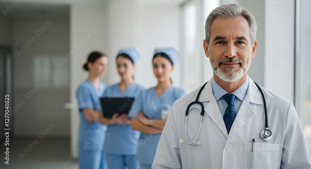 A happy doctor in medical uniform, in a hospital with other nurses, with a little bit of blurred background with side copy space, with background sunshine A happy doctor in medical uniform, in a hospital with other nurses, with a little bit of blurred background with side copy space, with background sunshine