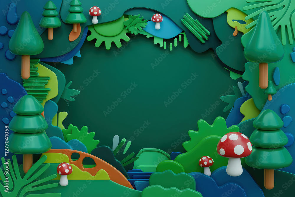 Naklejka premium Colorful frame for kids with 3d forest objects, trees and mushrooms, and blank space in the middle to place text. Forest poster for kids template.