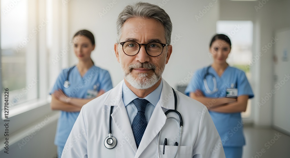 A happy doctor in medical uniform, in a hospital with other nurses, with a little bit of blurred background with side copy space, with background sunshine A happy doctor in medical uniform, in a hospital with other nurses, with a little bit of blurred background with side copy space, with background sunshine