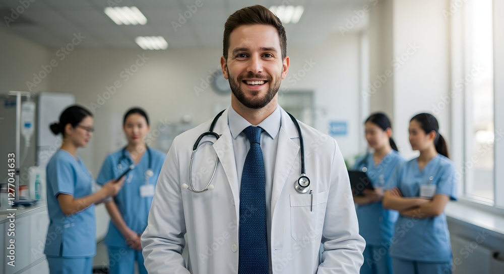 A happy doctor in medical uniform, in a hospital with other nurses, with a little bit of blurred background with side copy space, with background sunshine A happy doctor in medical uniform, in a hospital with other nurses, with a little bit of blurred background with side copy space, with background sunshine