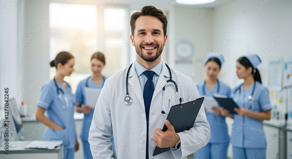 A happy doctor in medical uniform, in a hospital with other nurses, with a little bit of blurred background with side copy space, with background sunshine A happy doctor in medical uniform, in a hospital with other nurses, with a little bit of blurred background with side copy space, with background sunshine