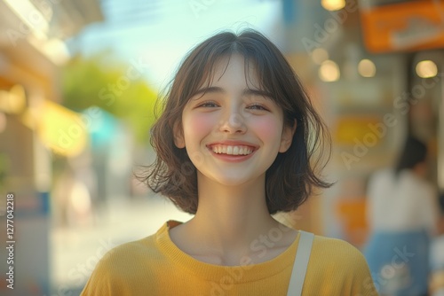 Young woman smiles brightly while walking through a lively street on a sunny day