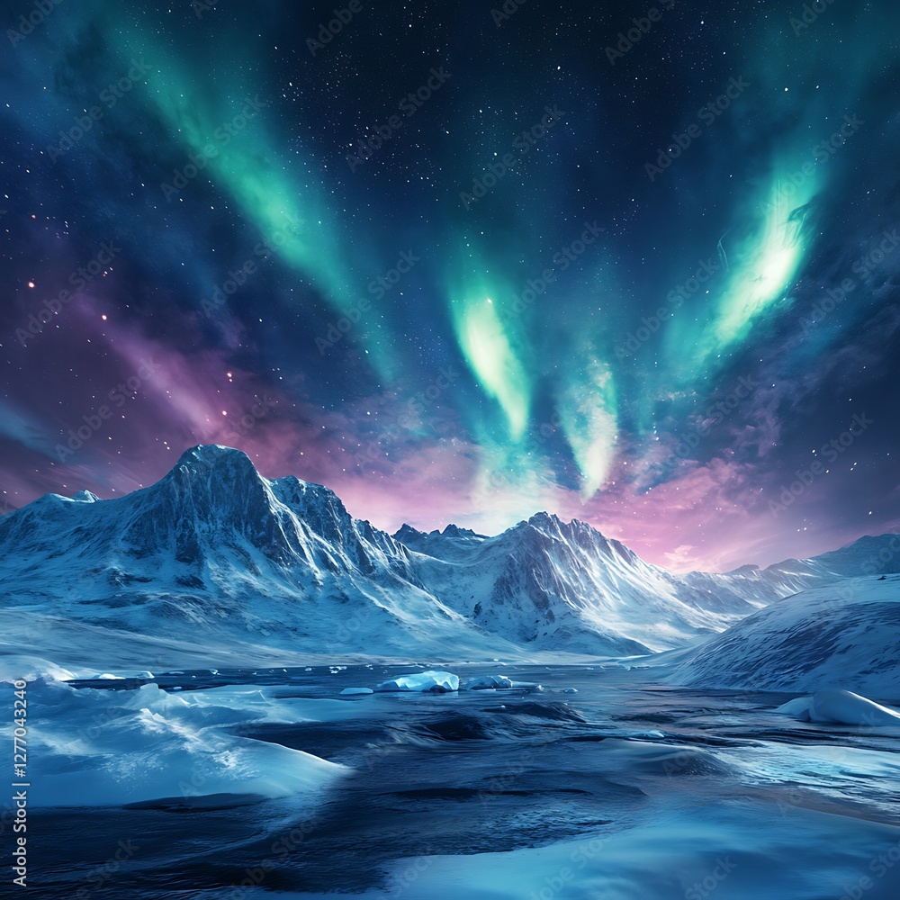 Fototapeta premium Aurora glowing above still Arctic mountain waters image