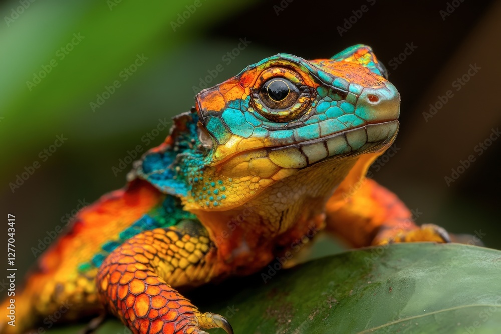 Obraz premium Colorful amphibian perched on green leaf in tropical rainforest under natural light