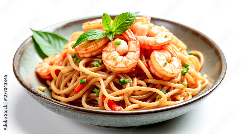 aromatic shrimp spaghetti in a rustic bowl aromatic shrimp spaghetti in a rustic bowl
