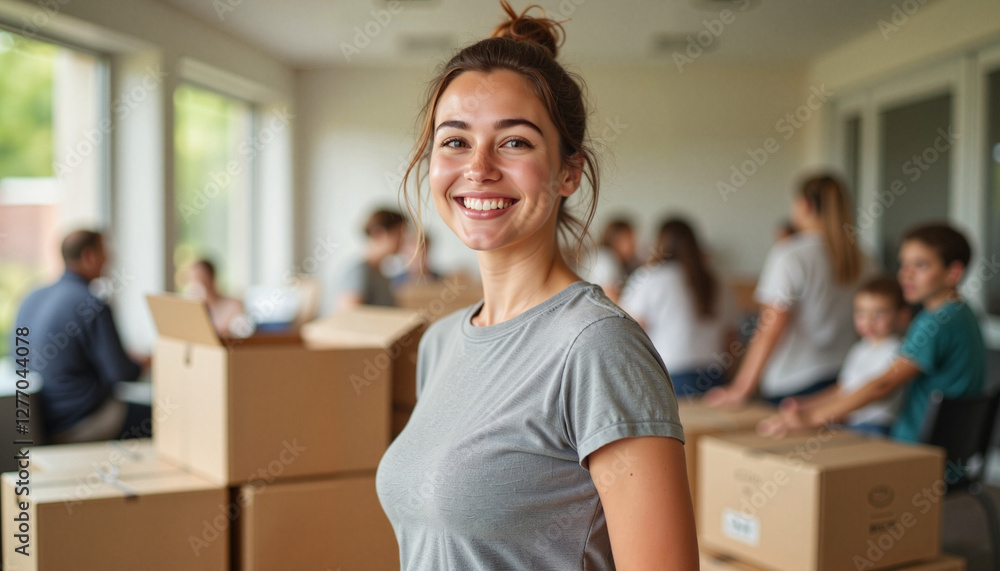 Woman Smiling in a Room with Cardboard Boxes Woman Smiling in a Room with Cardboard Boxes