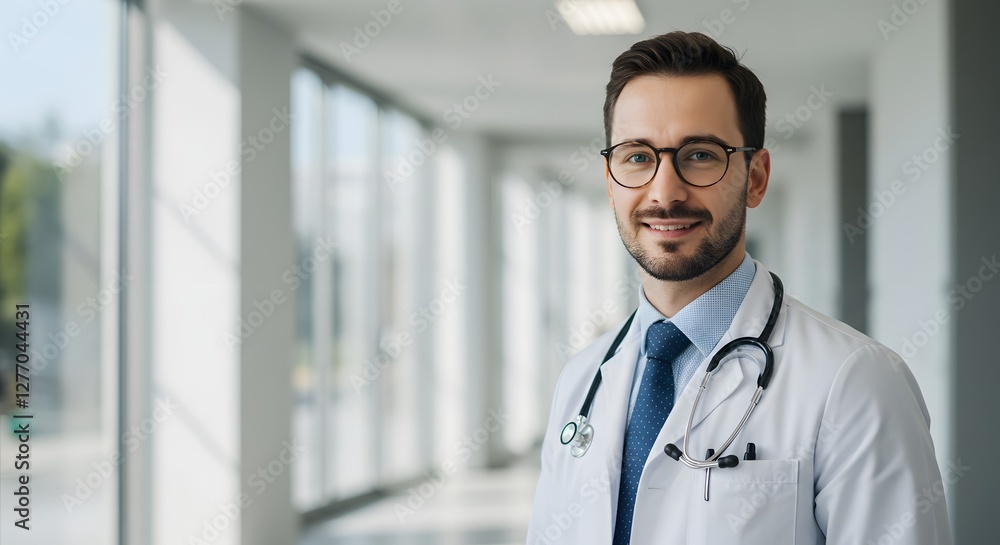 A happy doctor in medical uniform, in a hospital, with a little bit of blurred background with side copy space, with background sunshine A happy doctor in medical uniform, in a hospital, with a little bit of blurred background with side copy space, with background sunshine