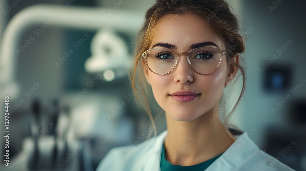 Fototapeta premium Young professional wearing glasses in a medical setting, embodying care and competence.