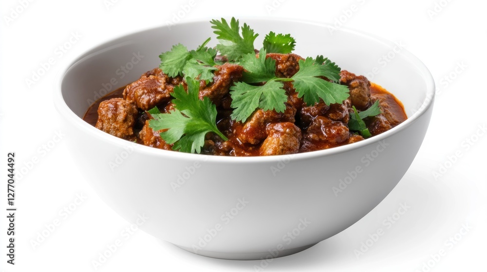 Spicy beef stew in bowl, cilantro garnish, white background, food photography, recipe illustration Spicy beef stew in bowl, cilantro garnish, white background, food photography, recipe illustration
