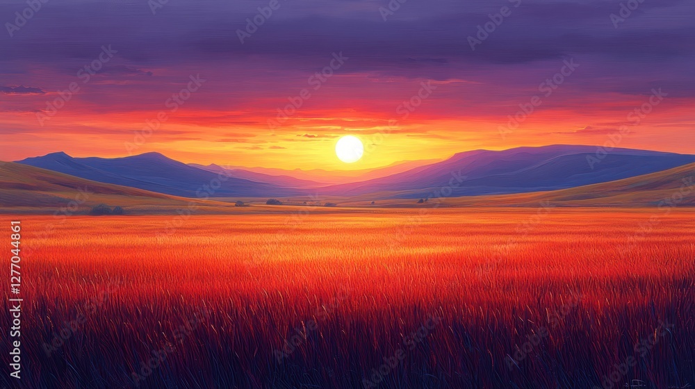 Vibrant sunset over a vast, colorful field.