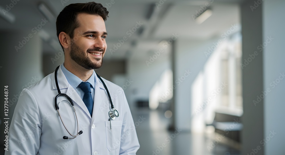 A happy doctor in medical uniform, in a luxury hospital, with a little bit of blurred background with side copy space, with background sunshine A happy doctor in medical uniform, in a luxury hospital, with a little bit of blurred background with side copy space, with background sunshine