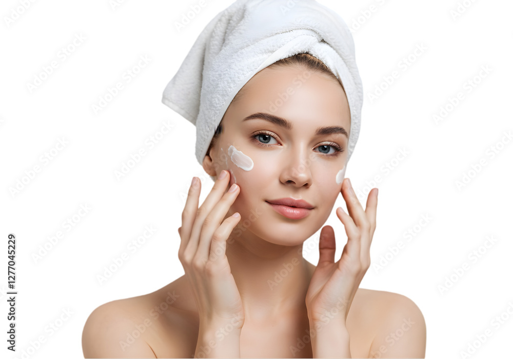 Beautiful girl applying beauty cream to her skin and isolated on transparent png background Beautiful girl applying beauty cream to her skin and isolated on transparent png background