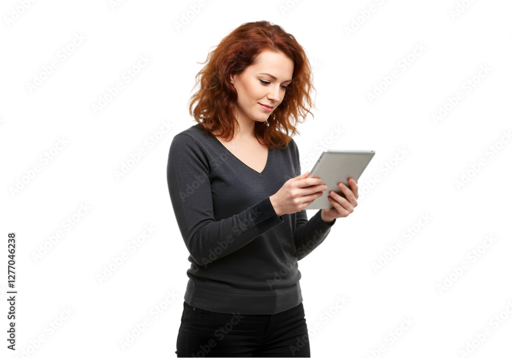 A woman looking and holding a tablet isolated on transparent background, a girl using tablet png A woman looking and holding a tablet isolated on transparent background, a girl using tablet png