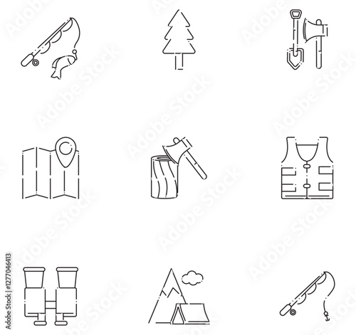 Set of camping vector icons in black lines on a white background