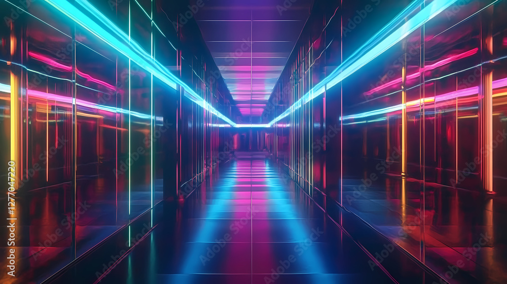 A futuristic corridor with rainbow reflections on mirrored walls, creating a vibrant, dreamlike, and immersive space. . Luminous Infinite Corridor. Illustration A futuristic corridor with rainbow reflections on mirrored walls, creating a vibrant, dreamlike, and immersive space. . Luminous Infinite Corridor. Illustration