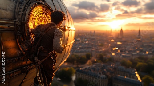 A daring individual embarks on an adventurous journey from a steampunk airship, overlooking a breathtaking sunset that paints the city skyline in warm hues, symbolizing exploration.