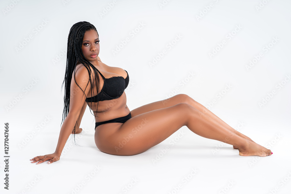 Curvy busty plus size model in underwear on gray background, overweight African black woman in sexy lingerie, fat body Curvy busty plus size model in underwear on gray background, overweight African black woman in sexy lingerie, fat body