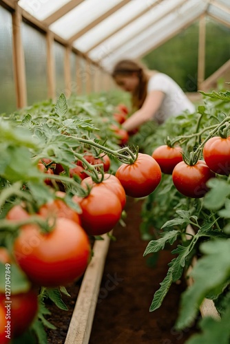 Vibrant red tomatoes grow lushly in greenhouse, highlighting car photo