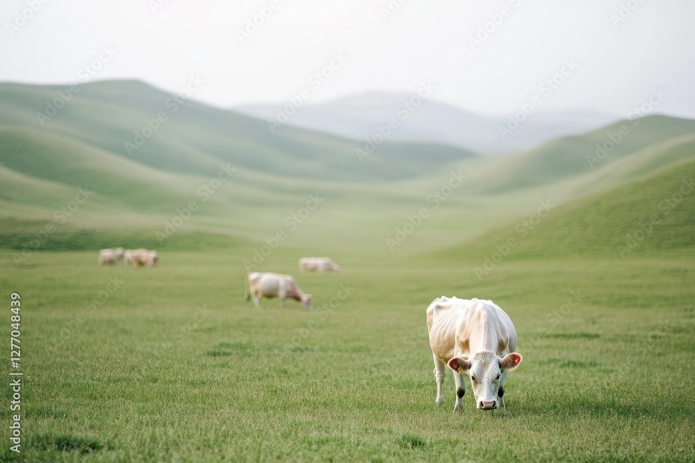 Lush green hills create serene landscape, with cows grazing peac Lush green hills create serene landscape, with cows grazing peac