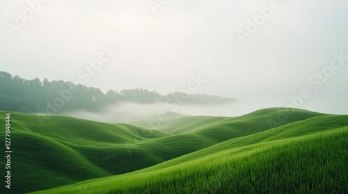 Lush green hills enveloped in mist create serene and tranquil la