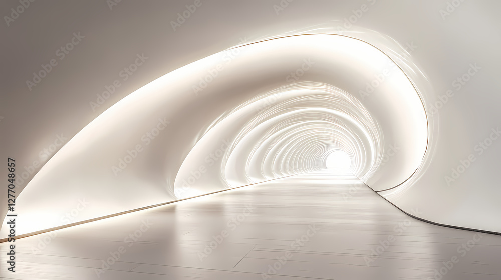 Naklejka premium Futuristic curved corridor with modern lighting and minimalist decor capturing sleek architectural design and infinite perspective in soft neutral tones. Luminous Infinite Corridor. Illustration