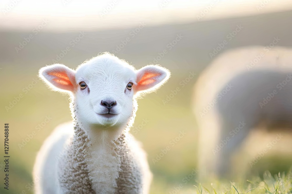 Playful lamb stands in sunlit meadow, surrounded by soft green g Playful lamb stands in sunlit meadow, surrounded by soft green g