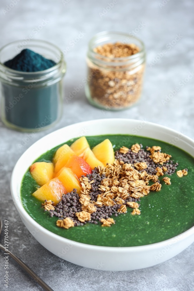 Bright green smoothie bowl topped with fresh fruits and crunchy Bright green smoothie bowl topped with fresh fruits and crunchy