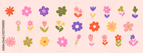 Retro Collection of abstract organic floral elements, Trendy vintage 70s style. Y2k aesthetic.	