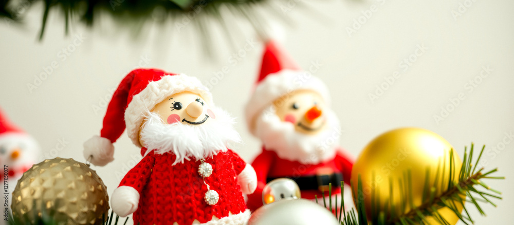 two cheerful santa claus figurines in knit attire amidst christmas ornaments two cheerful santa claus figurines in knit attire amidst christmas ornaments