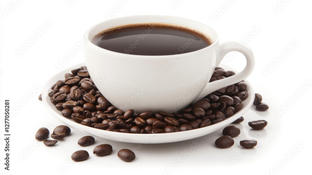 A steaming white coffee cup rests on a saucer, encircled by a heap of coffee beans A steaming white coffee cup rests on a saucer, encircled by a heap of coffee beans