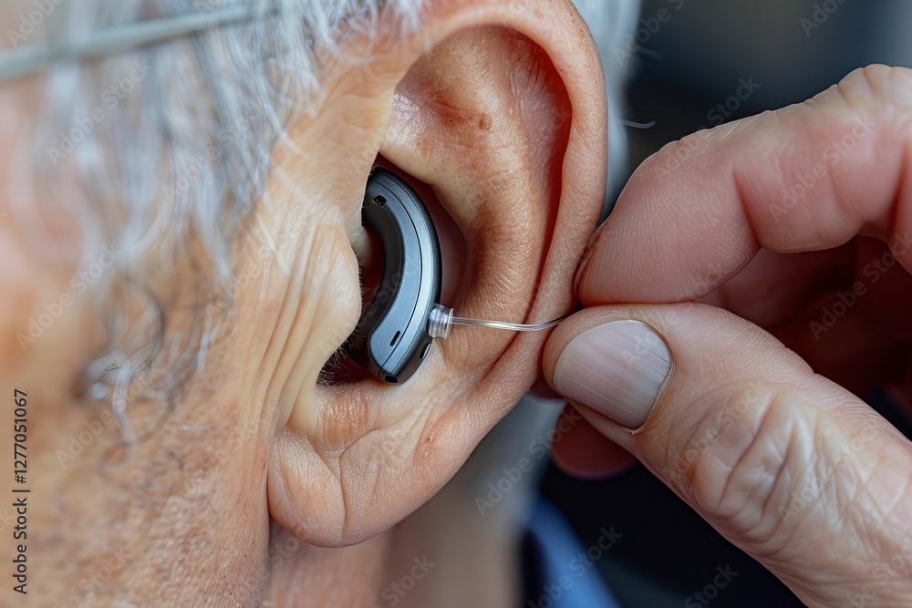 Fototapeta premium Doctor Precisely Inserts a Hearing Aid into Man's Ear