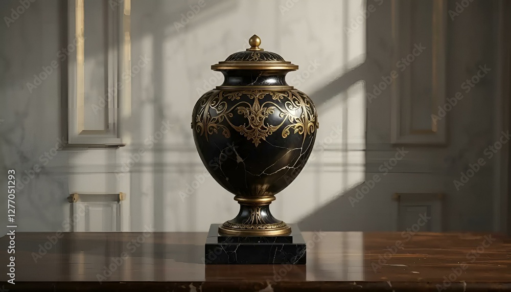 Exquisite black cremation urn with golden accents displayed on a polished wooden table Exquisite black cremation urn with golden accents displayed on a polished wooden table